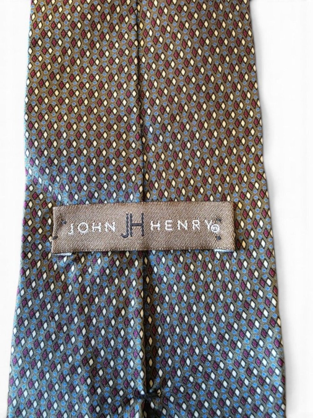 John Henry 100% Silk Geometric Necktie Brown Blue Burgundy Diamond USA 4" - Picture 7 of 11